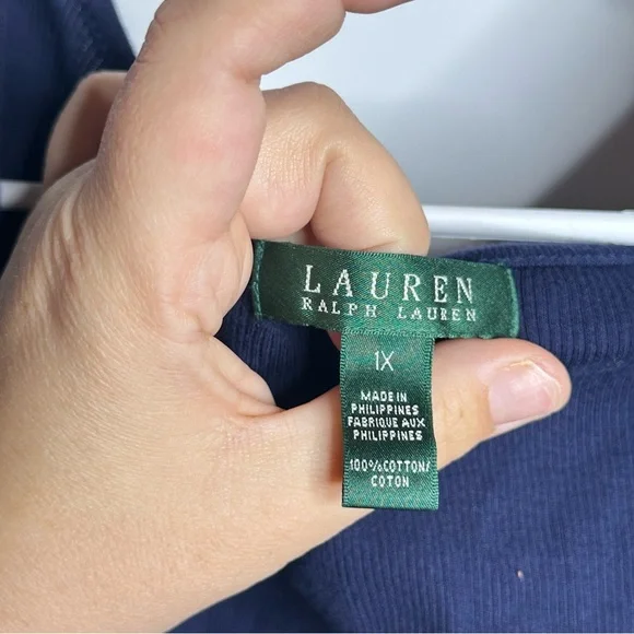 Ralph Lauren Navy Blue Ruffled Scoop Neck Ribbed Short Sleeve Cotton Shirt, 1X - Picture 3 of 6